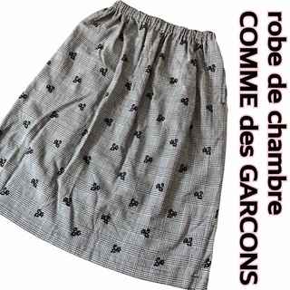 COMME des GARCONS - ローブドシャンブルコムデギャルソン チェック柄 花刺繍 ウールスカート グレー