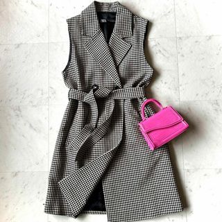 極美品 ザラ ZARA ジレコート ベルト付き 千鳥格子 ロングベスト ベージュ