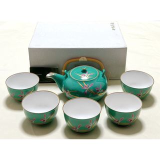 新品　香蘭社　金彩　グリ－ン下地　ピンク蘭柄　急須＆湯呑5客　蘭遊　茶器セット(食器)