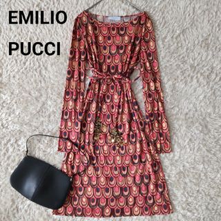 エミリオプッチ(EMILIO PUCCI)の良品 エミリオプッチ シルク 100％ 総柄 ベルト付きワンピース 長袖 36(ひざ丈ワンピース)