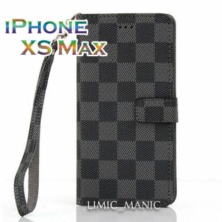 iPhone XSMax 市松模様 黒色 手帳型 ケース チェック柄 ブラック(iPhoneケース)