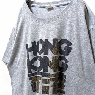香港 HONG KONG ロゴ Tシャツ グレー 灰色 2XL 古着(Tシャツ/カットソー(半袖/袖なし))