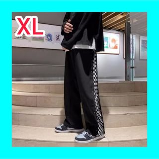 ストレート ワイド パンツ メンズ 黒 XL サイド柄(その他)