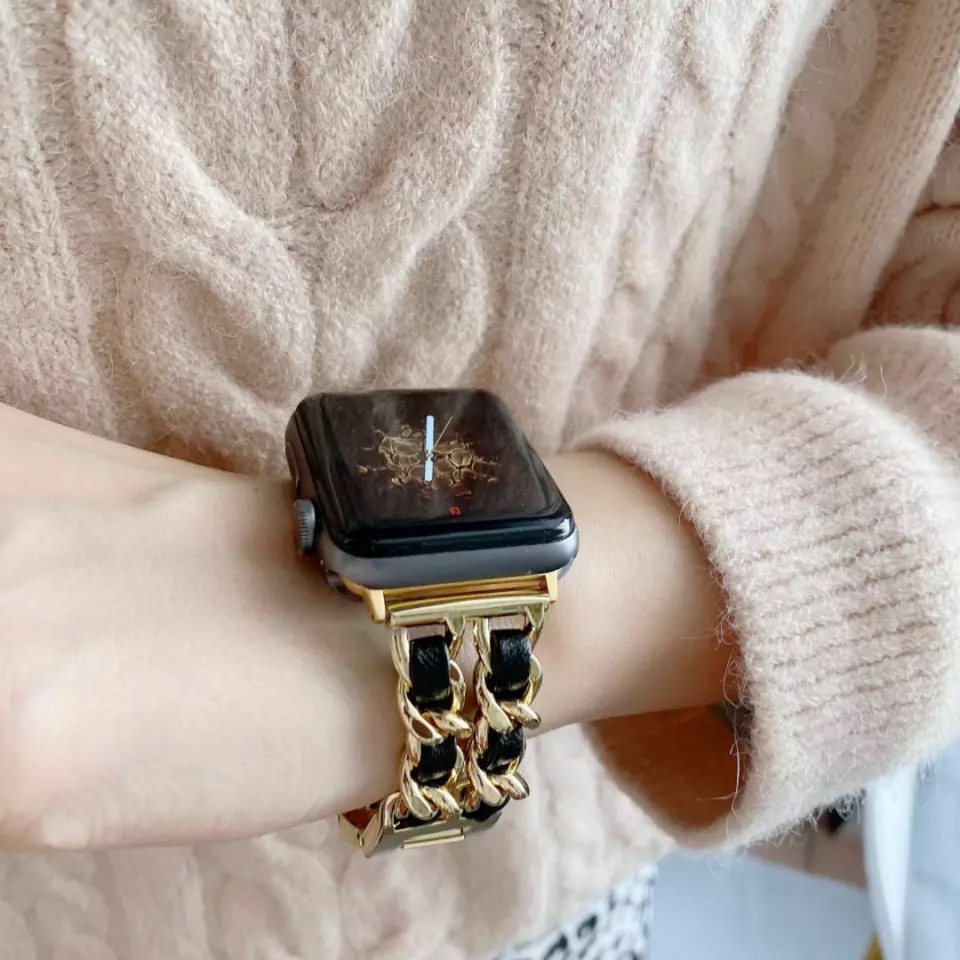 Apple Watch チェーンバンド ゴールド レザーブラック 42mm レディースのファッション小物(腕時計)の商品写真