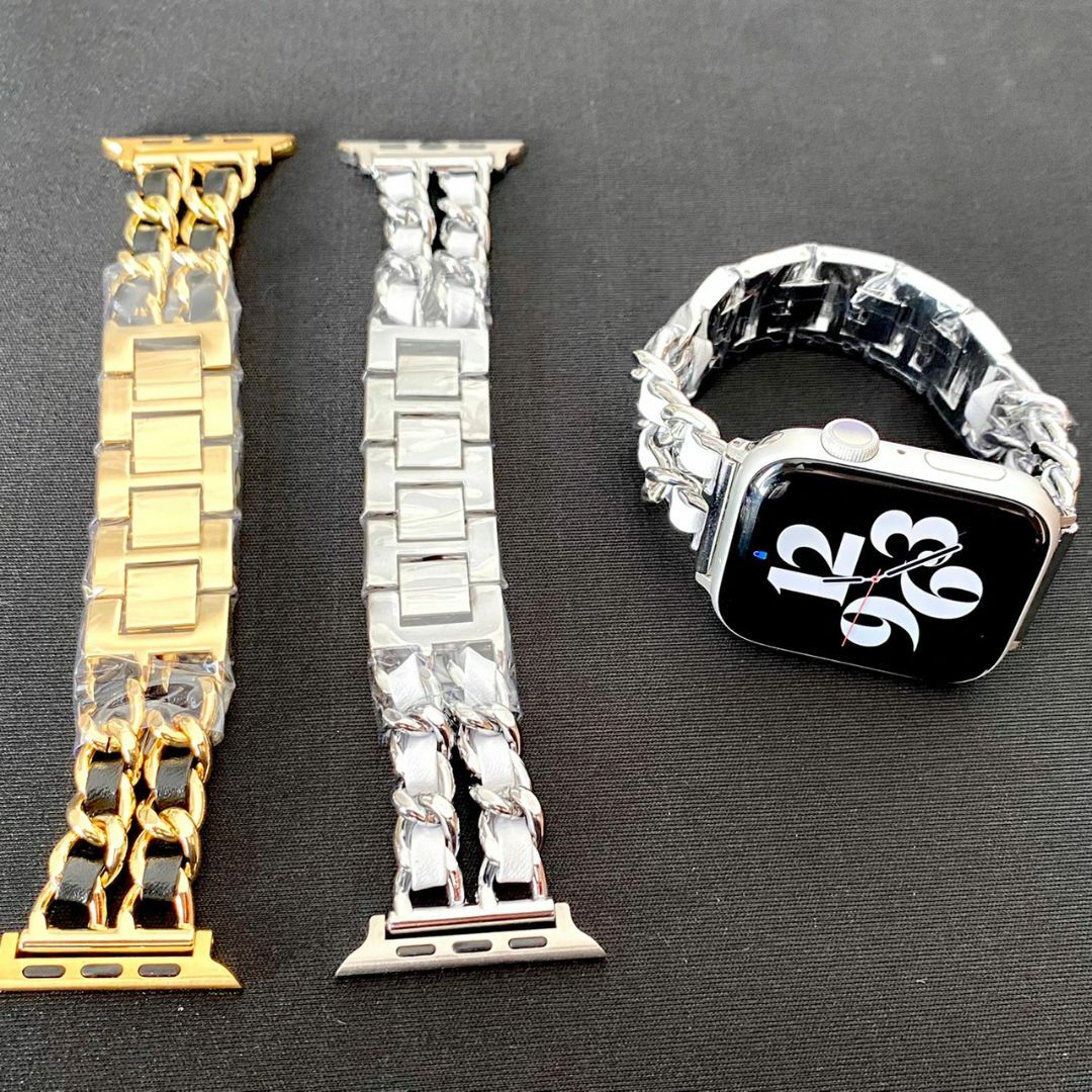 Apple Watch チェーンバンド ゴールド レザーブラック 45mm レディースのファッション小物(腕時計)の商品写真