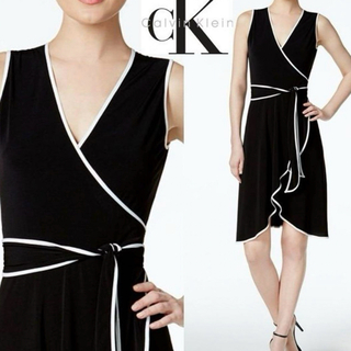 シーケーカルバンクライン(ck Calvin Klein)のCK 黒×水色ラインラップドレス風デザインの美ドレス(ひざ丈ワンピース)