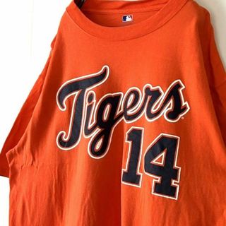 ジェニュイン MLBタイガースTigers 14 Tシャツ L オレンジ 古着(Tシャツ/カットソー(半袖/袖なし))