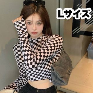 【Lサイズ】格子柄 チェック柄 ショート丈 長袖トップス  ダンス  へそ出し(カットソー(長袖/七分))