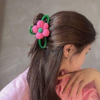 65【新品】韓国アクセサリー 花 ピンク 緑 ヘアクリップ オルチャン(バレッタ/ヘアクリップ)