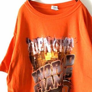 ギルダン DENVER WORLD Tシャツ L オレンジ 古着(Tシャツ/カットソー(半袖/袖なし))