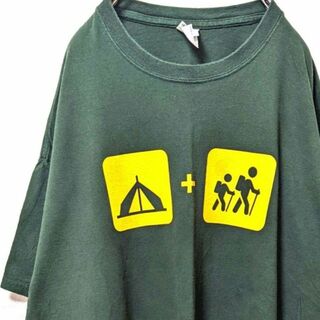 ギルダン ACE キャンプ イラスト Tシャツ グリーン 緑色 XL 古着(Tシャツ/カットソー(半袖/袖なし))