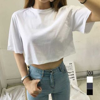 Tシャツ レディース 半袖 ショート丈 夏 へそ出し トップス 韓国 着やせ(カットソー(半袖/袖なし))