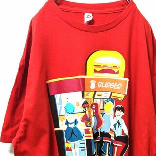 スマートブランクス ハンバーガーショップイラスト Tシャツレッド赤色XL古着(Tシャツ/カットソー(半袖/袖なし))