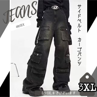 カーゴパンツ ブラック 3XL サイドベルト ポケット ワイドパンツ 地底　韓国(ワークパンツ/カーゴパンツ)