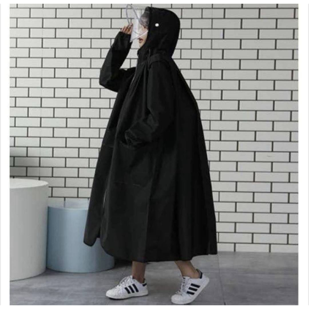 2重つば レインコート ロング丈 雨ガッパ かっぱ 梅雨対策 Ｌ 黒 ブラック レディースのファッション小物(レインコート)の商品写真