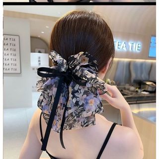 73【新品】韓国アクセサリーヘアクリップリボン花柄黒オルチャンシフォン  (バレッタ/ヘアクリップ)