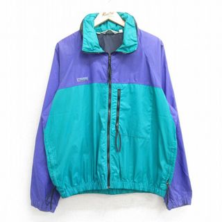 コロンビア(Columbia)のL★古着 コロンビア COLUMBIA 長袖 ナイロン ジャケット メンズ 90年代 90s ワンポイントロゴ ラグラン ツートンカラー 青緑他 内側メッシュ 24may07 中古 アウター ウインドブレーカー(ダッフルコート)