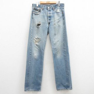 リーバイス(Levi's)のW33★古着 ジーンズ Levis リーバイス 501 メンズ ヒゲ コットン 紺 ネイビー デニム ダメージ加工 24may07 中古 ボトムス ジーパン Gパン ロング パンツ(ワークパンツ/カーゴパンツ)