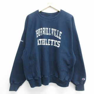 チャンピオン(Champion)のXL★古着 長袖 チャンピオン Champion リバースウィーブ メンズ 00年代 00s BURRILLVILLE 大きいサイズ クルーネック 紺 ネイビー 24may07 中古 スウェット スエット トレーナー トップス(パーカー)