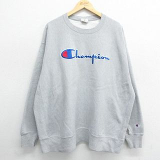 チャンピオン(Champion)のXL★古着 長袖 チャンピオン Champion リバースウィーブ メンズ ビッグロゴ 大きいサイズ クルーネック グレー 霜降り 24may07 中古 スウェット スエット トレーナー トップス(パーカー)