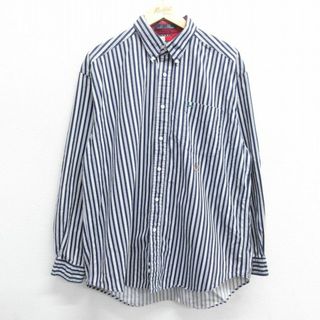 トミーヒルフィガー(TOMMY HILFIGER)のXL★古着 トミーヒルフィガー TOMMY HILFIGER 長袖 ブランド シャツ メンズ 90年代 90s ワンポイントロゴ 大きいサイズ コットン ボタンダウン 紺他 ネイビー ストライプ 24may07 中古 トップス(シャツ)