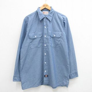 ディッキーズ(Dickies)のL★古着 ディッキーズ Dickies 長袖 ワーク シャンブレー シャツ メンズ 90年代 90s ロング丈 USA製 薄紺 ネイビー 24may07 中古 トップス(シャツ)