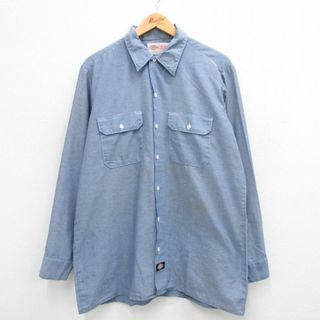 ディッキーズ(Dickies)のL★古着 ディッキーズ Dickies 長袖 ワーク シャンブレー シャツ メンズ 90年代 90s ロング丈 USA製 薄紺 ネイビー 24may07 中古 トップス(シャツ)