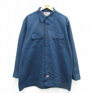 ディッキーズ(Dickies)のXL★古着 ディッキーズ Dickies 長袖 ワーク シャツ メンズ 90年代 90s ロング丈 USA製 紺 ネイビー 24may07 中古 トップス(シャツ)