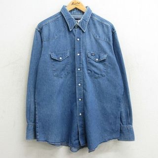 Wrangler - XL★古着 ラングラー Wrangler 長袖 ウエスタン シャツ メンズ 90年代 90s 大きいサイズ コットン USA製 紺 ネイビー デニム 24may07 中古 トップス