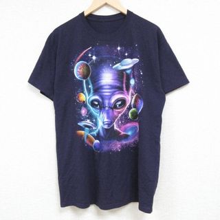 L★古着 半袖 Tシャツ メンズ 宇宙人 エイリアン UFO クルーネック 紫 パープル 霜降り 24may07 中古(Tシャツ/カットソー(半袖/袖なし))