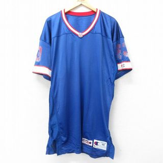 チャンピオン(Champion)のXL★古着 チャンピオン Champion 半袖 ビンテージ フットボール Tシャツ メンズ 90年代 90s NFL ニューヨークジャイアンツ 83 大きいサイズ ロング丈 メッシュ地 Vネック USA製 青 ブルー アメフト スーパーボウル ユニフォーム ゲームシャツ 24may07 中古(Tシャツ/カットソー(半袖/袖なし))