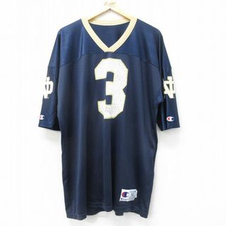 チャンピオン(Champion)のXL★古着 チャンピオン Champion 半袖 ビンテージ フットボール Tシャツ メンズ 90年代 90s ノートルダム 3 大きいサイズ ロング丈 メッシュ地 Vネック USA製 紺 ネイビー ユニフォーム ゲームシャツ 24may07 中古(Tシャツ/カットソー(半袖/袖なし))