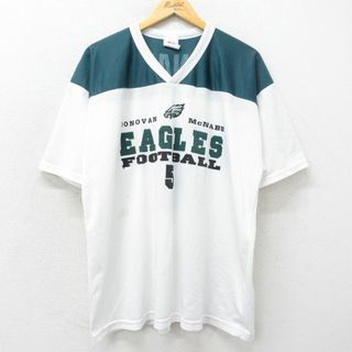 FILA - XL★古着 マジェステック 半袖 ビンテージ フットボール Tシャツ メンズ 90年代 90s NFL フィラデルフィアイーグルス ドノバンマクナブ 5 ツートンカラー 大きいサイズ メッシュ地 Vネック USA製 白他 ホワイト アメフト スーパーボウル 24may07 中古