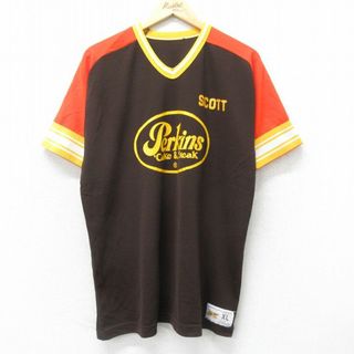 XL★古着 ラッセル 半袖 ビンテージ Tシャツ メンズ 70年代 70s perkins Vネック USA製 濃茶他 ブラウン 24may07 中古(Tシャツ/カットソー(半袖/袖なし))