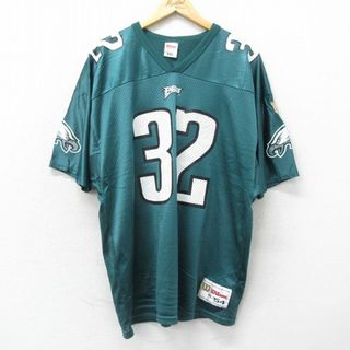 フィラ(FILA)のXL★古着 ウィルソン 半袖 ビンテージ フットボール Tシャツ メンズ 90年代 90s NFL フィラデルフィアイーグルス リッキーワターズ 32 大きいサイズ ロング丈 メッシュ地 Vネック USA製 青緑 アメフト スーパーボウル ユニフォーム ゲームシャツ 【spe】 24may07 中古(Tシャツ/カットソー(半袖/袖なし))