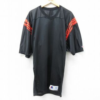 チャンピオン(Champion)のL★古着 チャンピオン Champion 半袖 ビンテージ フットボール Tシャツ メンズ 90年代 90s 無地 ロング丈 メッシュ地 USA製 黒他 ブラック 24may07 中古(Tシャツ/カットソー(半袖/袖なし))