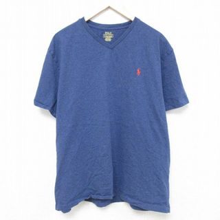 ラルフローレン(Ralph Lauren)のXL★古着 ラルフローレン Ralph Lauren 半袖 ブランド Tシャツ メンズ ワンポイントロゴ 大きいサイズ コットン Vネック 青 ブルー 霜降り 24may07 中古(Tシャツ/カットソー(半袖/袖なし))