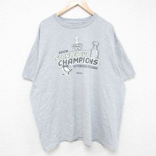 Reebok - XL★古着 リーボック REEBOK 半袖 ブランド Tシャツ メンズ NHL ピッツバーグペンギンズ 大きいサイズ クルーネック グレー 霜降り アイスホッケー 24may07 中古