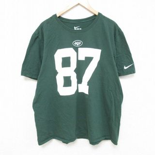 ナイキ(NIKE)のXL★古着 ナイキ NIKE 半袖 ブランド Tシャツ メンズ NFL ニューヨークジェッツ エリックデッカー 87 大きいサイズ コットン クルーネック 緑 グリーン アメフト スーパーボウル 24may07 中古(Tシャツ/カットソー(半袖/袖なし))