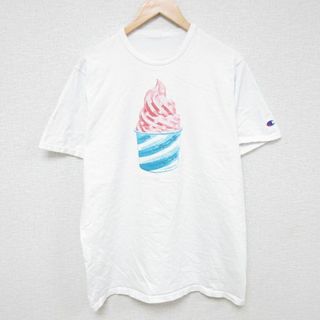 チャンピオン(Champion)のL★古着 チャンピオン Champion 半袖 ブランド Tシャツ メンズ アイスクリーム クルーネック 白 ホワイト 24may07 中古(Tシャツ/カットソー(半袖/袖なし))