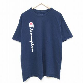 チャンピオン(Champion)のXL★古着 チャンピオン Champion 半袖 ブランド Tシャツ メンズ ビッグロゴ 大きいサイズ コットン クルーネック 紺 ネイビー 24may07 中古(Tシャツ/カットソー(半袖/袖なし))