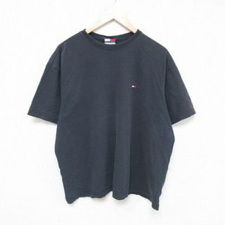 TOMMY HILFIGER - XL★古着 トミーヒルフィガー TOMMY HILFIGER 半袖 ブランド Tシャツ メンズ ワンポイントロゴ 大きいサイズ コットン クルーネック 黒 ブラック 24may07 中古