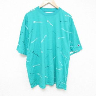 チャンピオン(Champion)のXL★古着 チャンピオン Champion 半袖 ブランド Tシャツ メンズ 総柄 大きいサイズ コットン クルーネック 青緑 24may07 中古(Tシャツ/カットソー(半袖/袖なし))