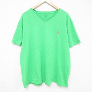 ラルフローレン(Ralph Lauren)のXL★古着 ラルフローレン Ralph Lauren 半袖 ブランド Tシャツ メンズ ワンポイントロゴ 大きいサイズ コットン Vネック 黄緑 24may07 中古(Tシャツ/カットソー(半袖/袖なし))