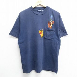 ディズニー(Disney)のXL★古着 半袖 ビンテージ Tシャツ メンズ 00年代 00s ディズニー DISNEY くまのプーさん ティガー 刺繍 胸ポケット付き クルーネック 紺 ネイビー 24may07 中古(Tシャツ/カットソー(半袖/袖なし))