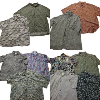 古着卸 まとめ売り 総柄 半袖シャツ シルク11枚セット (メンズ XL /2XL ) カラーMIX ペイズリー柄 グリーン MS8341(シャツ)