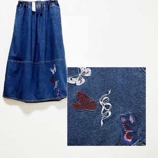 スカラー(ScoLar)の【ScoLar】蝶花刺繍 ケミカルウォッシュ デニムスカート タグ付未使用(ロングスカート)