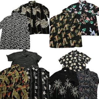 古着卸 まとめ売り 黒ボディ アロハシャツ 半袖シャツ 10枚セット (メンズ XL ) ヤシの木　花柄　リーフ柄　無地 MS8496(シャツ)