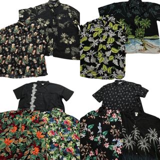 古着卸 まとめ売り 黒ボディ アロハシャツ 半袖シャツ 10枚セット (メンズ 2XL ) 総柄　ヤシの木　花柄　酒　 MS8493(シャツ)