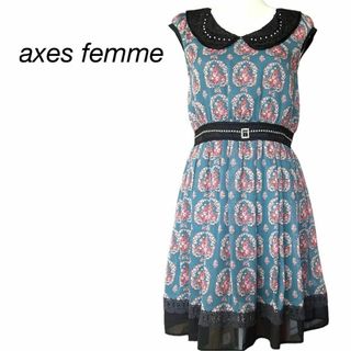 アクシーズファム(axes femme)のアクシーズファム 花柄 袖なし ワンピース レース襟 パール ミニ丈 膝上 M(ひざ丈ワンピース)